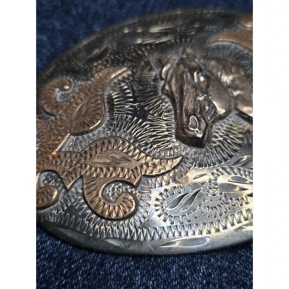Vintage Nickel Silver Stallion Belt Buckle by Western Flair Co.